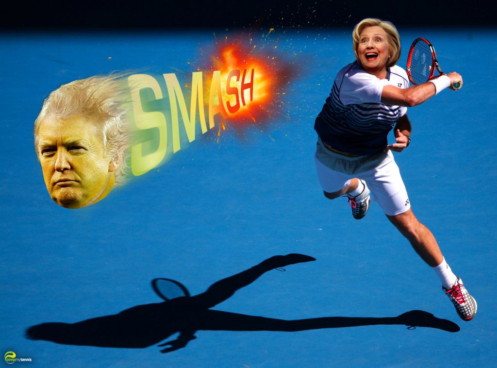 Hillary Clinton smashe Donald Trump (cheveux aux vents)